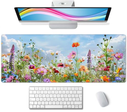 Flowers in Garden Large Gaming Mouse Pad Keyboard Desk Pad Extended Mouse Pad Gaming Office Decor, PC Laptop Mouse Pads Large (31.5x151.8 in) with Stitched Edges Non-Slip Base Mousepad XL - color: Flowers in Garden
