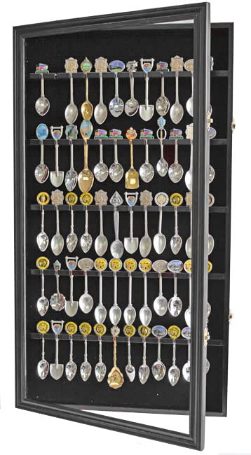 DisplayGifts 60 Souvenir Spoon Tea Spoon Display Case Rack Holder Wall Cabinet Frame, UV Protection, Lockable Door (Black Finish) - color: Black Finish