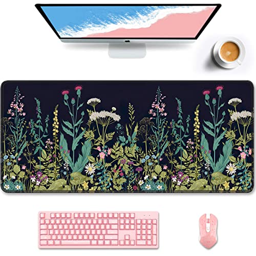 Auhoahsil Desk Pad, XXL Large Mouse Pad, Extended Gaming Mousepad, Cute Desk Mat for Women, Big Office Accessories Mouse Pad for Computer Keyboard and Laptop, 35.6" x 15.7", Black Wildflower Night - color: 04 Wildflowers Night, size: XXL - Extended size 3