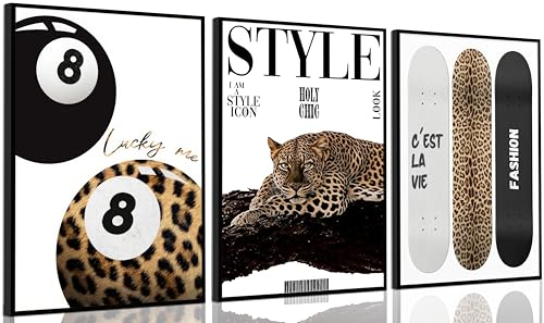 3Pcs Trendy Leopard Wall Art Preppy Aesthetic Stylish Leopard Painting Picture Wall Decor Funky Lucky 8 Ball Cheetah Poster Print Artwork for Bedroom Living Room Bathroom Home Decoration Unframed - color: Poster, size: 16"L x 12"W