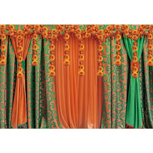 5x3ft Green Orange Curtain Backdrop for Wedding Ceremony Retro Indian Style Curtain Photo Backdrop Happy Birthday Baby Shower Decorations Diwali Holi Festival Carnival Banner Studio - color: orange green, size: 5x3ft
