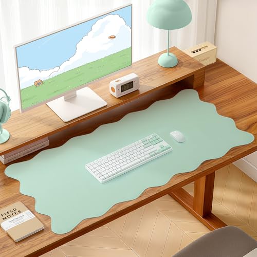 PU Leather Desk Pad, Scalloped Non-Slip Mouse Pad & Large Desk Mat Cover Stitched Edges Writing Pad for Office, Home - Waterproof, Easy to Clean, Durable Surface I 31.4"x15.7", Mint Green - color: Mint Green