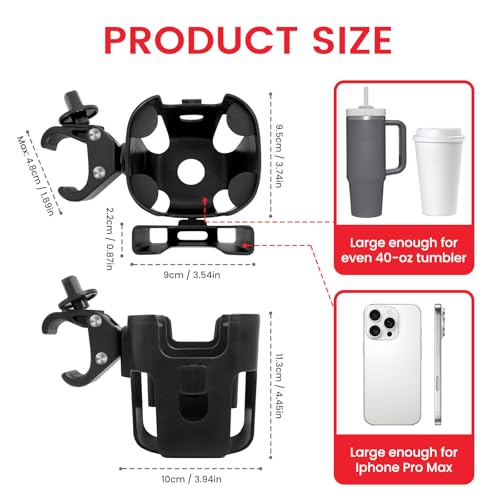 Stroller Cup Holder with Phone Holder - [Upgraded Anti-Slip Grips] Walker Cup Holder, Wheelchair, Stroller Accessories, 2-in-1 Cup Phone Holder for Stroller, Bike, Wheelchair, Walker, Scooter - Black - color: Black-1