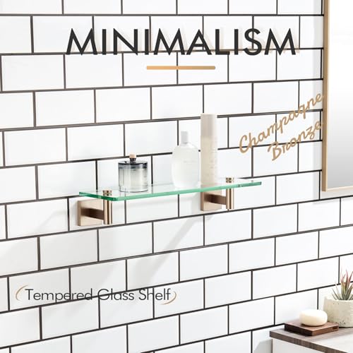 KOKOSIRI Wall Shelves Bathroom Hardware Glass Floating Shelf 16-Inch for Bedroom, Living Room, Kitchen, Hanging Rack Champagne Bronze B1105CPG-L16 - color: Champagne Bronze, size: 16-Inch