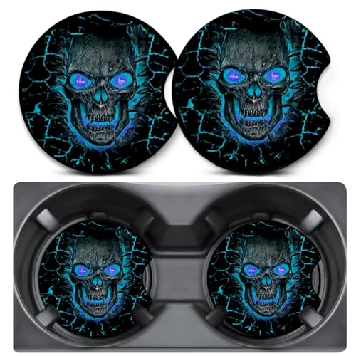 2 Pack Blue Skull Car Coasters for Cup Holders,Neoprene Anti Slip Mat | 2.75" Universal Size,Auto Rubber Drink Coasters Decor Car Accessories Interior Blue Skull Gifts for Women Men - color: Skull - Blue