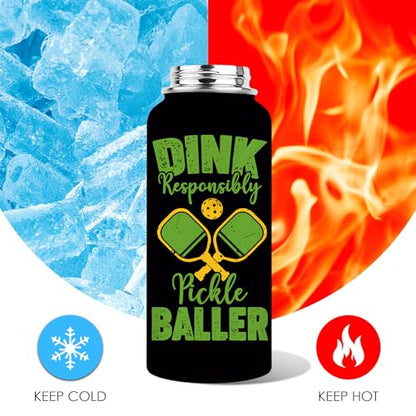 Pickleball Water Bottle 32oz | Insulated Stainless Steel Travel Tumbler with Lid Leak-Proof Keep Hot or Cold, BPA-Free |Dink Responsibly Gifts for Pickleball Lovers - color: Pickleball - blackt