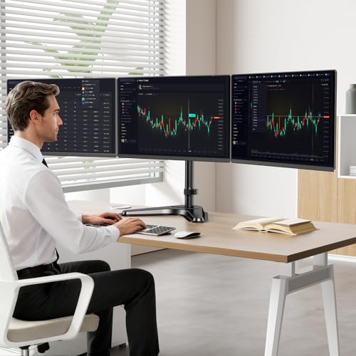 Triple Monitor Stand, Full Motion Adjustable Arm Fits 3 Screens up to 27 inch, Free Standing Desk Stand with Base and Cable Management, 22 lbs Weight Capacity per Arm, 75/100 mm VESA, Black - size: Triple Arms