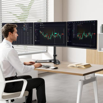 Triple Monitor Stand, Full Motion Adjustable Arm Fits 3 Screens up to 27 inch, Free Standing Desk Stand with Base and Cable Management, 22 lbs Weight Capacity per Arm, 75/100 mm VESA, Black - size: Triple Arms