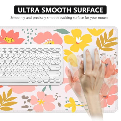 iCasso Desk Matt for Desktop, Cute Desk Pad Mat, XXL Large Mouse Pad, Anti-Slip Big Mousepad with Stitched Edges, Keyboard Pad Mouse Mat for Computer, Work, Gaming (Flowers Leaves) - color: Flowers Leaves