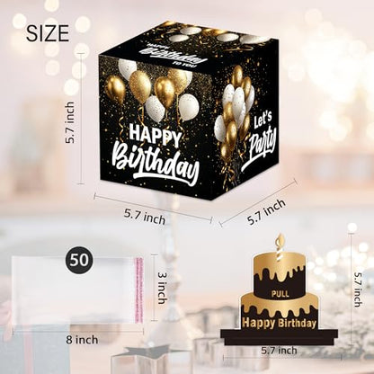 White Gold Birthday Money Box for Cash Pull, Happy Birthday Boxes Gifts for Money Pull Out Card, 50Pcs Transparent Bags - color: Gold