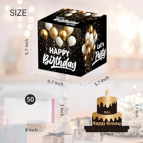 White Gold Birthday Money Box for Cash Pull, Happy Birthday Boxes Gifts for Money Pull Out Card, 50Pcs Transparent Bags - color: Gold