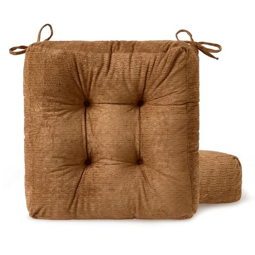Chair Cushions for Dining Chairs, Seat Cushions for Kitchen Chairs | Chair Pads with Ties and Non Slip Backing (2, Caramel Brown, 16.5 x 16.5 x 4 inches) - color: Caramel Brown, size: 16.5 x 16.5 x 4 inches
