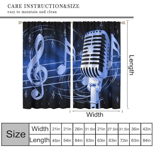 Music Curtain, Blue Microphone Musical Notes Print Window Treatments Drapes for Bedroom Living Room Bathroom 42" W X 45" L(No Blackout) - color: Musical-2, size: 20.5"W x 45"L (Pack of 2)