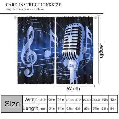 Music Curtain, Blue Microphone Musical Notes Print Window Treatments Drapes for Bedroom Living Room Bathroom 42" W X 45" L(No Blackout) - color: Musical-2, size: 20.5"W x 45"L (Pack of 2)