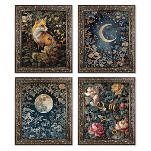 Locomiss Vintage Dark Cottagecore Wall Art Decor Posters, Country Floral Botanical Wall Art, Vintage Moody Forest Posters Print for Farmhouse Bedroom Bathroom Living Room, Set of 4 (8x10 Unframed) - color: fox