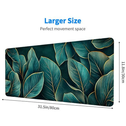 Leaf Desk Mat Teal Gold Tropical Botanical Abstract Luxury Mousepad XL Large Gaming Mouse Pad Laptop Keyboard Mat Desk Pad Ideal for Office, Home, or Remote Work 31.5x11.8 Inch - color: Leaf