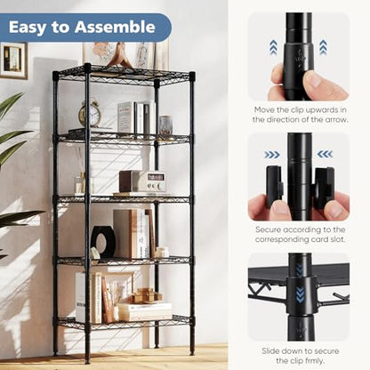 DUMOS 5-Tier Metal Wire Storage Shelves, Adjustable Standing Storage Rack Shelf, Heavy Duty Steel Shelving Unit Organizers for Kitchen Bathroom Pantry Garage, 23.2" Wx13.4 Dx59.8 H, Black - size: 5 Tiers-59.8"H without wheels