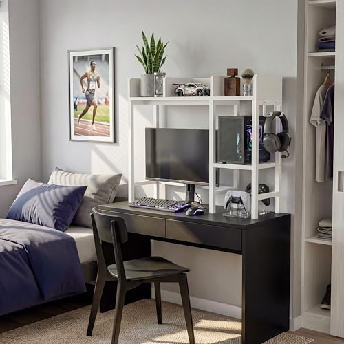 BOLUO Desk Hutch Dorm Room, Desktop Bookshelf for Computer Desk 37" Hutch Organizer Tabletop Storage Rack for College Essentials Home Office White