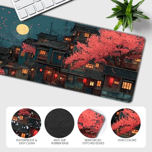 Japanese Anime Cherry Blossom Night Scene Mouse Pad, XXL Extended 35.4 x 15.7 Inch Desk Mat, Non-Slip Rubber Base, Microfiber Cloth Surface, Game Table mat - color: Japanese-style Night Scene Design