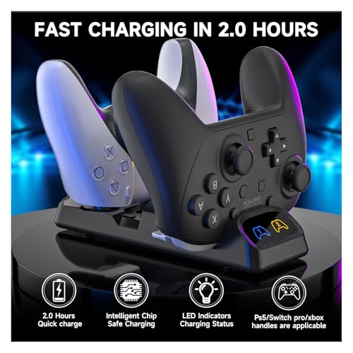 Controller Charger Dock for Switch 2 Pro, Nintendo Switch Pro, PS5 & Xbox Series X/S – Dual Fast Charging Station with LED Indicator, Type-C Adapter, Compact Stand