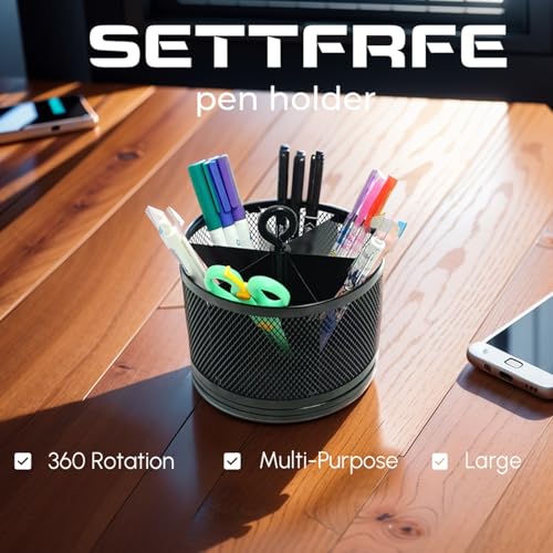 SETTFRFE Mesh Rotating Pen Holder for Desk, Black, 6-Slot | Large Pen Container with Handle, Multi-Functional Desk Organizer for Office Supplies, Art Tools & Makeup Brushes
