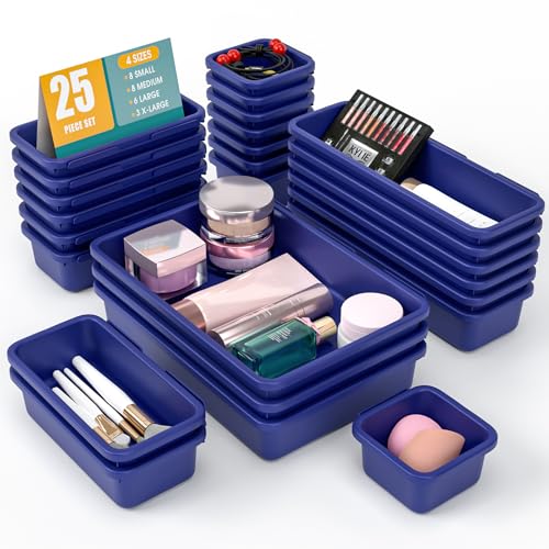 25 PCS Drawer Organizer Set, 4 Size Makeup Drawer Divider Organizer With Non-Slip Pads, Interlocking Plastic Storage Bins for Office,Jewelry Vanity,Gadgets, Bathroom,Kitchen, Navy - color: Navy, size: 25Pack