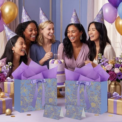 woric 2 Pcs Purple Gift Bag with Handle, 13.7" Birthday Gift Bags for Women | Floral Designs, Ribbon Handle, 4 Tissue Paper & 2 Greeting Cards, Women Birthday, Anniversary, Wedding Bridal Showers - color: Purple
