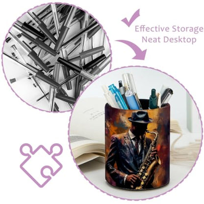 Gentleman Playing the Saxophone Pen Holder Pencil Organizer for Desk, 3.1” x 3.1” x 3.9” Pencil Cup Office Supplies, Large Capacity Cute Pen and Makeup Brush Holder for Home, School, Desktop - color: Gentleman Playing The Saxophone