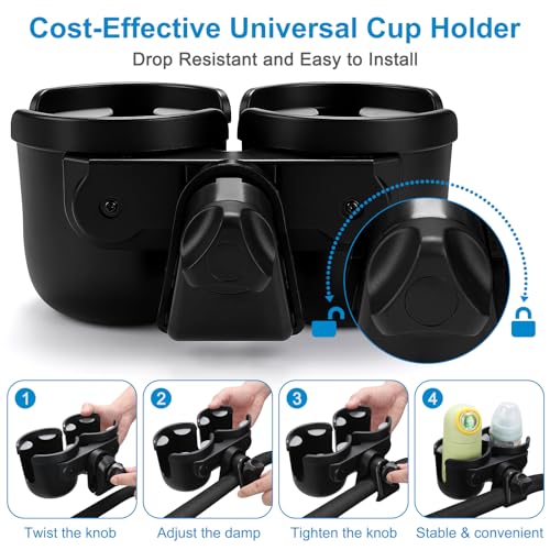 Accmor Stroller Cup Holder, Universal Cup Holder for Uppababy Nuna Doona Strollers, Bottle Drinks Holder for Wheelchair, Walker, Bike, Scooter - style: Double Cup Holder