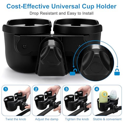 Accmor Stroller Cup Holder, Universal Cup Holder for Uppababy Nuna Doona Strollers, Bottle Drinks Holder for Wheelchair, Walker, Bike, Scooter - style: Double Cup Holder
