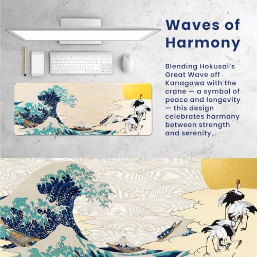 BELLEMOND Japanese Art Desk Mat | Large 31.5x11.8in Anime Mouse Pad for Keyboard & Mouse | Non-Slip Base, Water-Repellent | Original Japanese Design | Waves of Harmony - color: Waves of Harmony