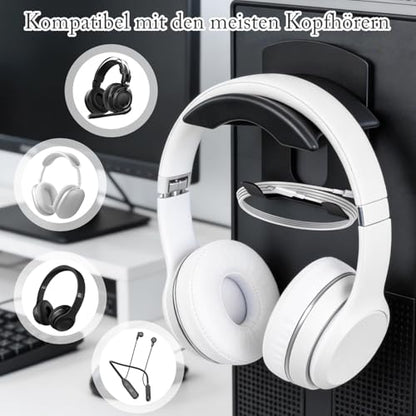 Headphone Stand Metal, Desk Headphone Hook Adhesive with Cable Clip,Aluminum Alloy Headset Stand for Desk,PC Gaming Headset Holder,Earphone Clamp for Airpods Max,HyperX,Sennheiser,Black