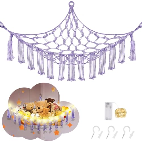 CERETIA Stuffed Animal Hammock with LED Light, Large Stuffed Animals Storage Corner Plushie Net for Kids Room Decor, Purple - color: Purple, size: Large-(Package of 1)