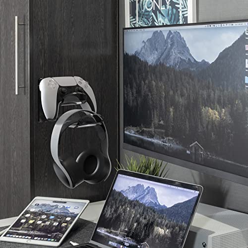 GEEKRIA Wall Mount Controller Holder, Acrylic Headphone & Gamepad Stand, Dual Storage Gaming Hook, Wall Mounted Headset Hanger for PS5 PS4 Xbox Controllers, Space Saving Organizer