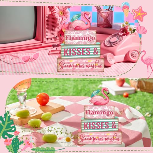 Britimes 4 Pcs Summer Wooden Tiered Tray Decorations Set, Pink Flamingo Stack Block Signs Summer Parasol Farmhouse Rustic Table Decor for Home kitchen Office Decorations (Flamingo Style) - style: Flamingo