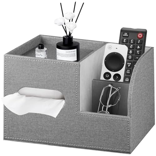 PU Leather Tissue Box Cover Square,Tissue Box Holder Organizer with Storage Tray and Remote Control Holder for Bathroom Countertop Night Stands Bedroom Office Desk,Napkin Caddy Decorative Black - color: Grey