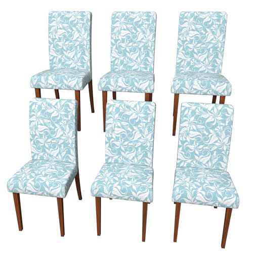 Stretch Dining Chair Covers Set of 6,Floral Print Chair Covers,Soft Removable Washable,Pet Friendly Furniture Protector,Universal Chair Slipcovers for Home, Kitchen,Ceremony Dining Room Seat - color: Light Blue Curly Leaf Pattern, size: 6PCS