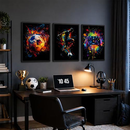 Soccer Gaming Wall Art Set Of 3 Black Framed Canvas Prints Neon Graffiti Soccer Ball Player And Controller Decor For Boys Room Teen Bedroom Game Room 12x16 Inches Each