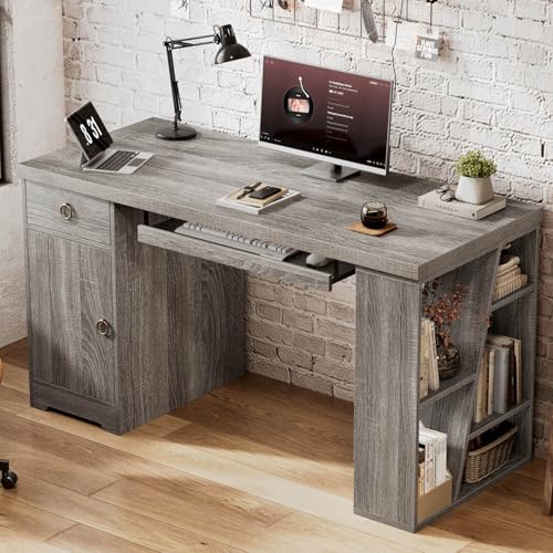 HSH 55" Office Computer Desk with Drawers, Farmhouse Grey Executive Desk with Storage Shelves and Cabinet, Modern Wooden Computer Table Teacher Desks with Keyboard Tray for Home Writing Work Study - color: Light Grey Oak