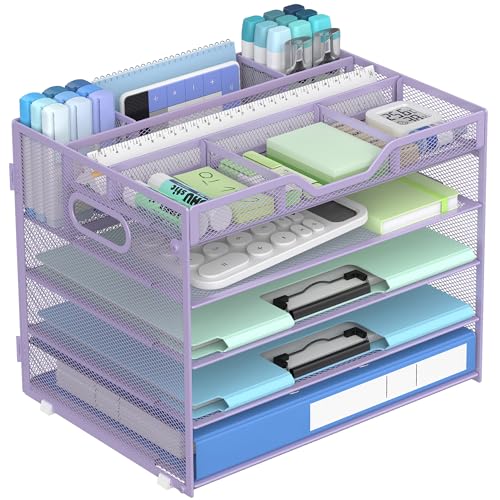 Docnest 5 Tier Mesh Desk Organizer- Letter Tray with Adjustable Compartments, Mesh Desktop Storage Built in Pen Holder and Handles, Desk Organizer Tray for Mail Documents Office Supplies–Purple - color: Purple
