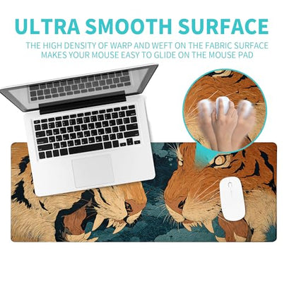 Tiger Gaming Mouse Pad Abstract Yellow Mouse Pad 31.5x11.8 Inch Fierce Claws and Teeth Non-Slip Rubber Base Large Mousepad Stitched Edges Keyboard Mouse Mat Desk Pad for Office and Home - color: Tiger
