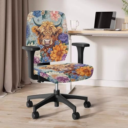Highland Cattle Office Chair Cover Stretchable 2 Piece Computer Seat Covers Universal Fit Most Gaming Chair Rotating Chair Slipcover Protector Floral Chair Padded Cover for Women Cow Blue - color: Highland Cattle Flower