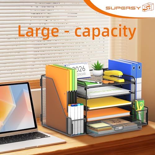 SUPEASY Mesh Desk Organizer with File Holder, 5-Tier Paper Letter Tray Organizer with Magazine Holder, Desktop Organizer and Storage with Drawer for Office Supplies Home or School (Black) - color: Black