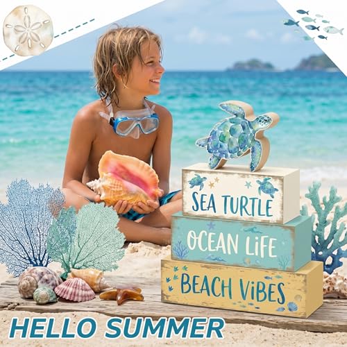4 Pcs Summer Sea Turtle Bathroom Decor Summer Ocean Table Decorations Beach Tiered Tray Decor Coastal Wooden Signs Shelf Sitter Save The Sea Home Kitchen Office Decorations - style: Turtle