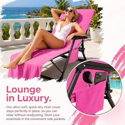 VOCOOL Lounge Chair Towel Cover Beach Chair Covers Towel 85 x 30 inch | Pool Chair Cover with Side Pockets, Chaise Lounge Cover, for Sunbathing Lounger Hotel Garden Holiday Garden Pool, Pink - color: Pink