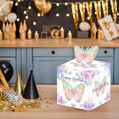 Butterfly Birthday Money Box for Cash Pull, Happy Birthday Boxes Gifts for Money Pull Out Card, 50Pcs Transparent Bags - color: Purple