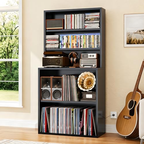 Media Storage Cabinet, Heavy-Duty Metal Record Player Stand with Open Display Shelves for LPs, CDs, Books & Audio Equipment, Modern DVD Shelf Organizer for Living Room, Home Office, Black - color: Black, size: Media Cabinet