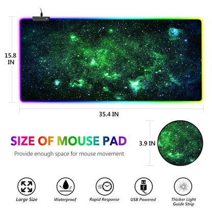 AIMSA RGB Gaming Mouse Pad Extended, Large Led Mousepads Non-Slip Rubber Base with 14 Lighting Modes, Computer Keyboard Mat Soft Desk pad 35.4 x 15.8 inches, Green Star River - color: Green Star River