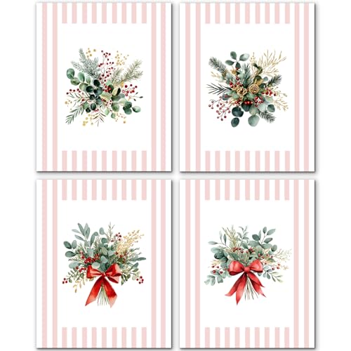 JINYO Christmas Eucalyptus Leaves Bouquet Wall Art Prints Set of 4, Rustic Christmas Red Bow Berries Winter Floral Pink Posters Pictures Wall Decor for Living Room Bedroom Home, 8x10 Unframed - color: Christmas poster set of4-d