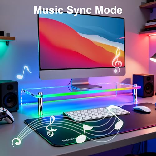 0.39" Extra Thick Acrylic Monitor Stand Riser, Clear | 23.6” x 9.1" x 3.5" Acrylic Desk Shelf with RGB Lighting & Dual Control-App & Button Control,for Office Desktop Organizer